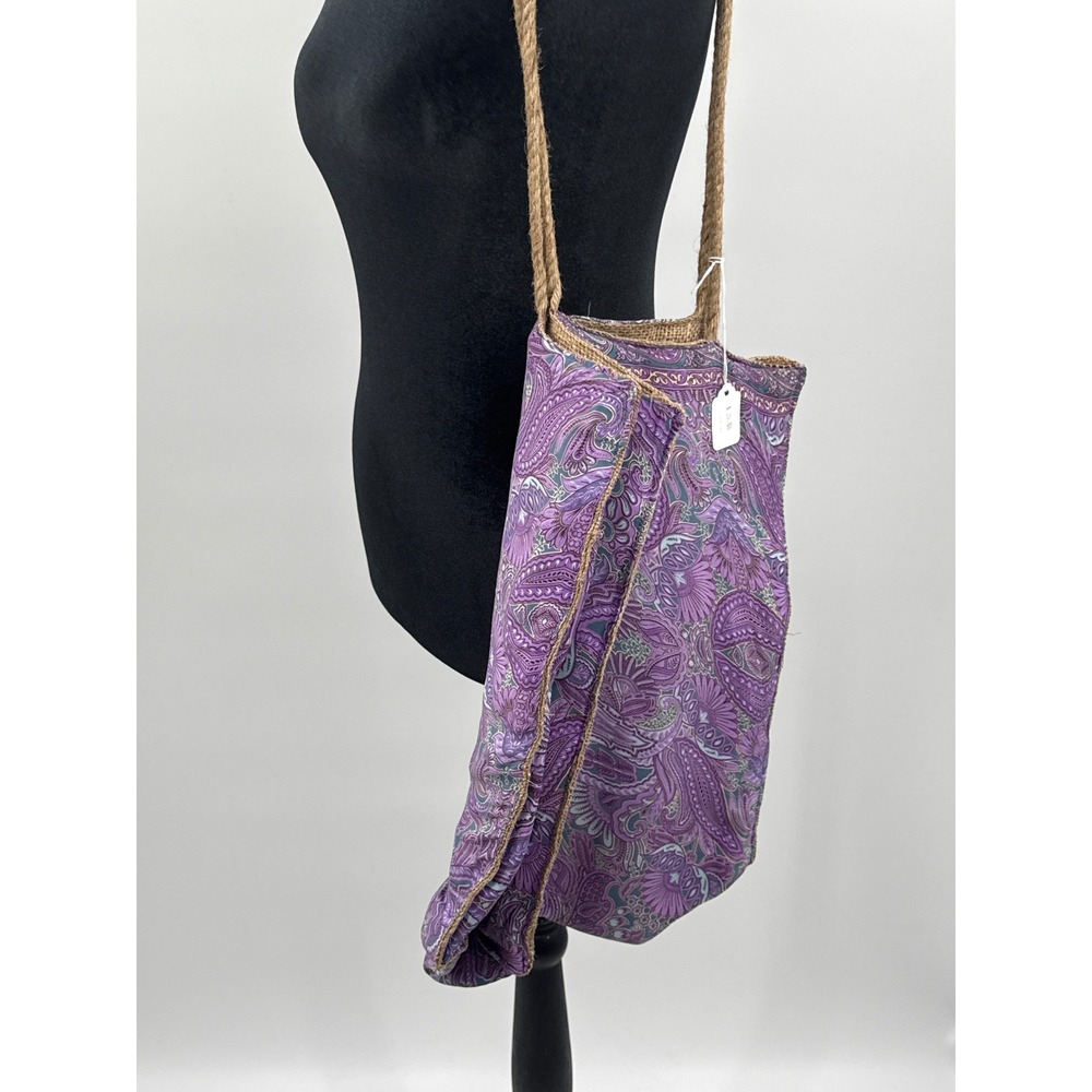 Karma Highway Purple Paisley Boho Tote Bag Burlap Lined Rope Handle Shoulder Bag